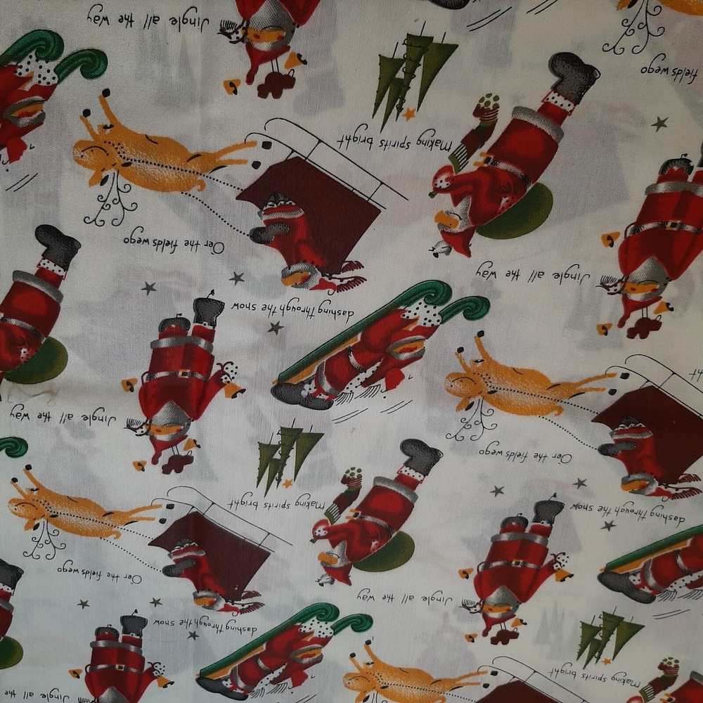 Santa Sleigh Stockings Sledding Reindeer Christmas Cotton Fabric 2 Yds